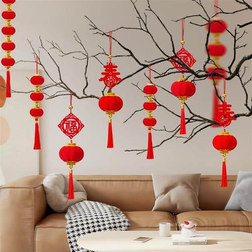 小灯笼挂饰新年春节红色迷你植绒挂树上的庭院小区户外绿植装饰品