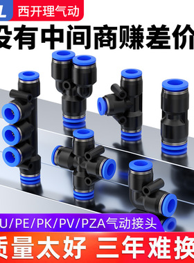 气管快速接头气管三通气动快插气泵气嘴蓝色PU直通PE6-8-10-12MM