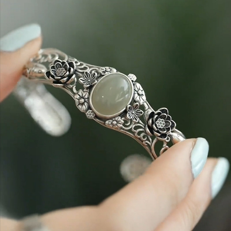 S925银新款复古做旧锦鲤莲花手镯新中式国风开口手环汉服饰品