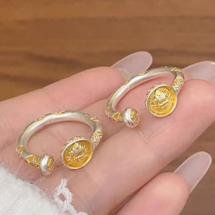 S925银新款黄财神吉言戒指新中式时尚戒指平安喜乐文艺指环