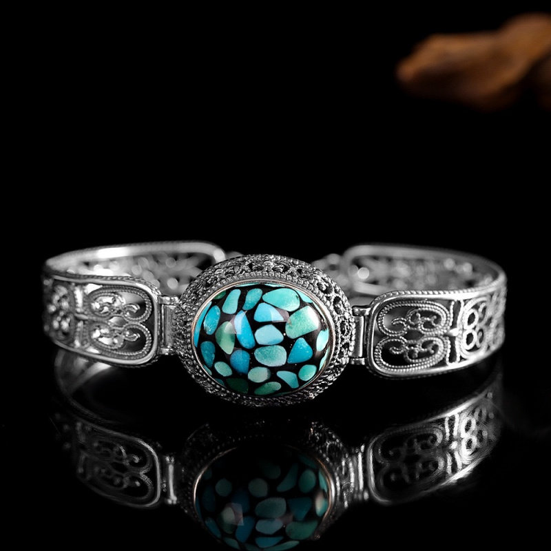 S925银新款复古绿石手镯男女款时尚做旧手链轻奢镂空手饰礼物