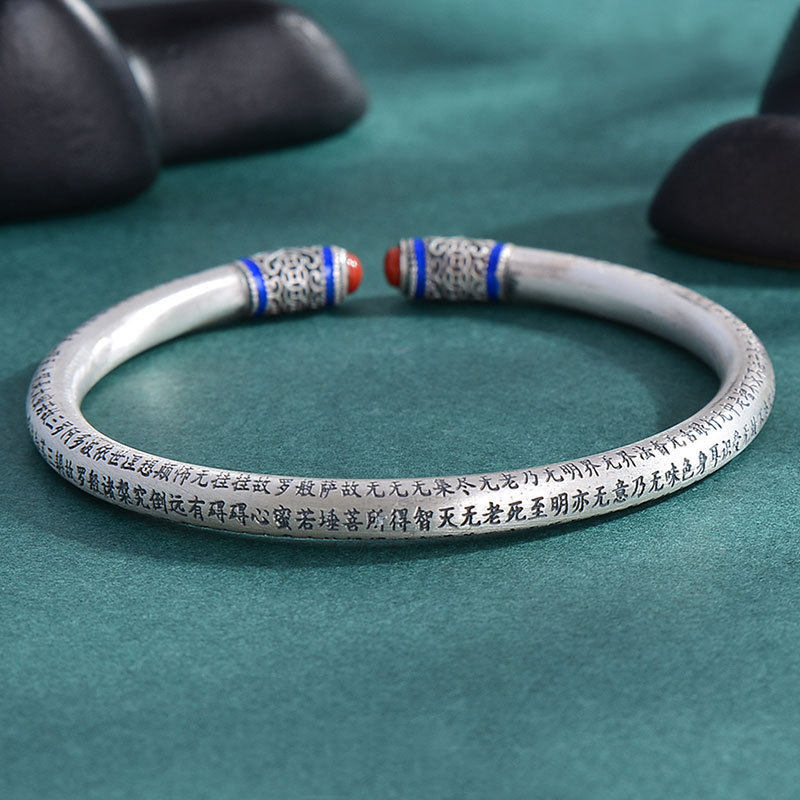 S925银新款新中式古法心经手镯国风哑光做旧开口手镯手环