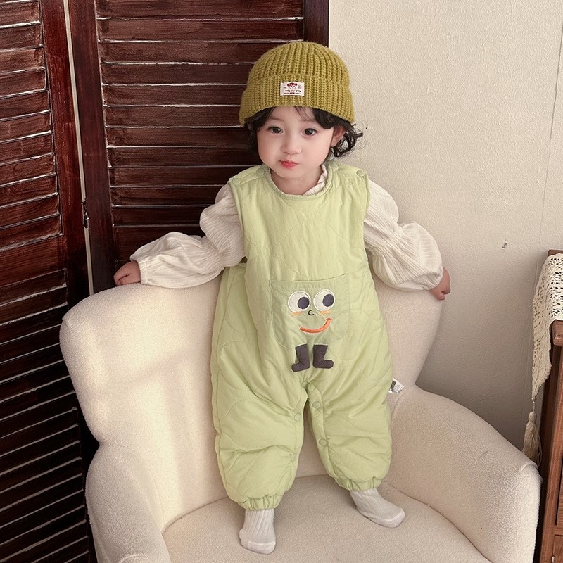 婴儿秋冬季衣服男女宝宝加绒夹棉背带裤洋气背心式连体裤百天棉裤