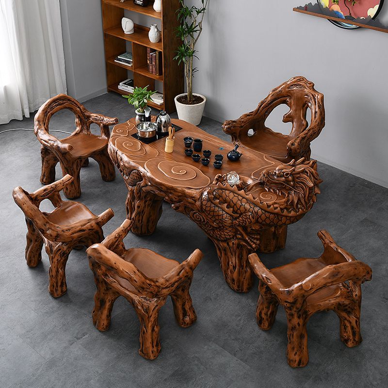 仿古根雕龙茶桌椅组合一体整装阳台家用客厅茶几办公室泡茶台防腐