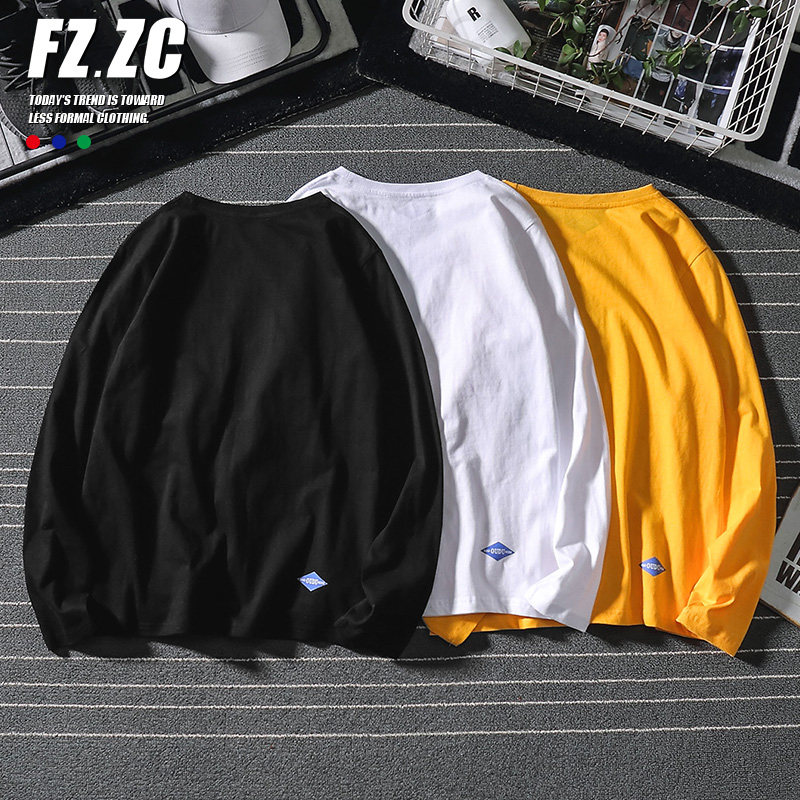 港风青少年秋季休闲百搭宽松长袖体恤ins潮牌纯色纯棉圆领上衣服