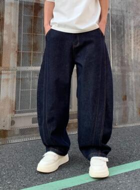 新款潮牌宽松直筒深蓝色水洗牛仔裤男设计感明线拼接高街巴黎风