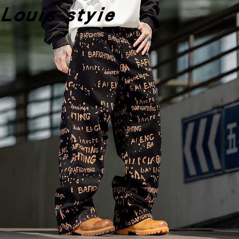 巴黎风潮牌复古字母涂鸦牛仔裤