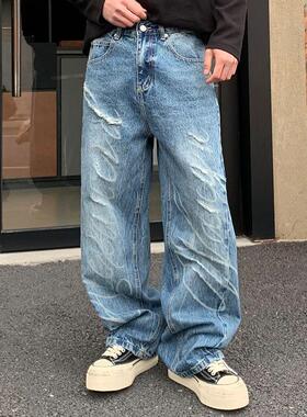 巴黎风美式高街痞帅cleanfit闪电纹潮牌弯刀裤小众拖地裤牛仔裤