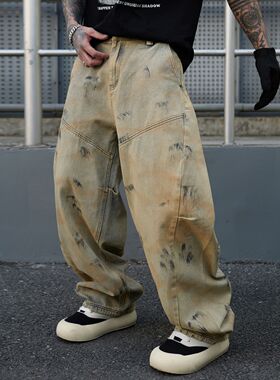 巴黎风潮牌美式复古高街弯刀涂鸦牛仔裤男宽松直筒阔腿休闲长裤