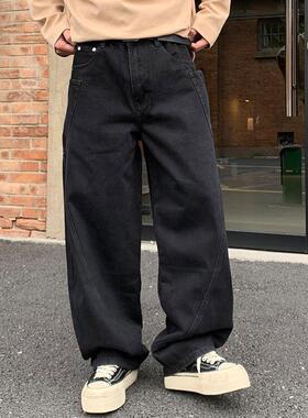 巴黎风美式高街痞帅弯刀裤黑色潮流牛仔裤男阔腿宽松男款裤子