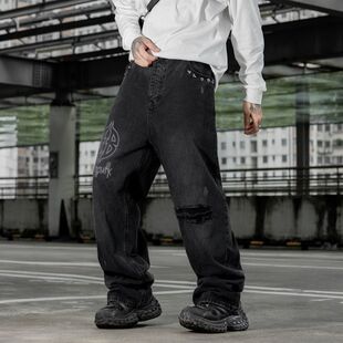 男宽松直筒阔腿休闲长裤 巴黎风潮牌美式 复古高街涂鸦设计牛仔裤