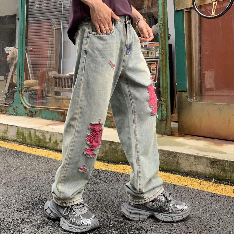 潮牌美式闪破洞痞帅垂感牛仔裤