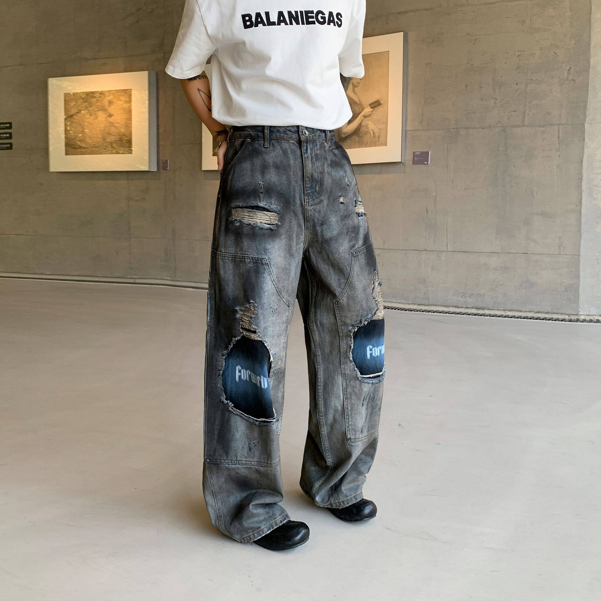 美式废土风破洞做旧男士牛仔裤