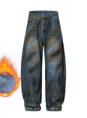 倒装做旧牛仔裤加厚加绒蓝色百搭潮流束脚2025新款宽松香蕉裤裤子
