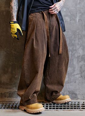 巴黎风潮牌宽松直筒咖啡色水洗牛仔裤弯刀裤男痞帅高级感阔腿长裤