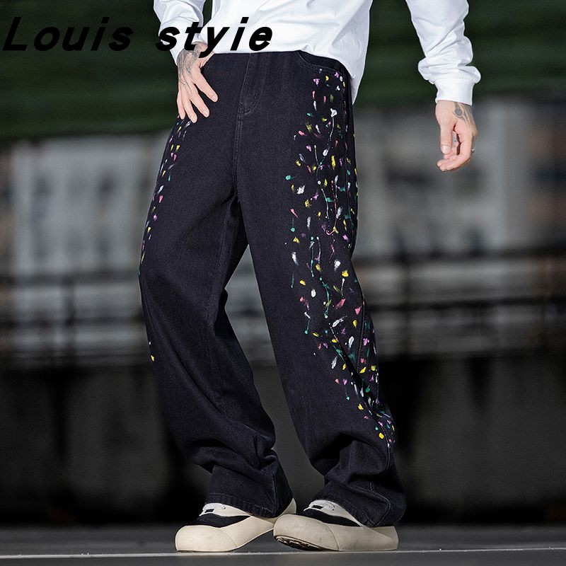 巴黎风潮牌复古泼墨涂鸦牛仔裤