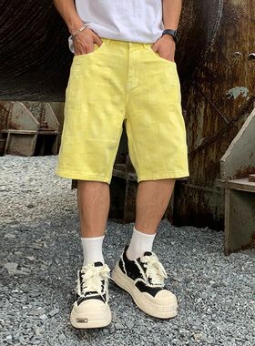 巴黎风潮牌美式复古高街提花牛仔短裤男宽松直筒阔腿裤痞帅长裤