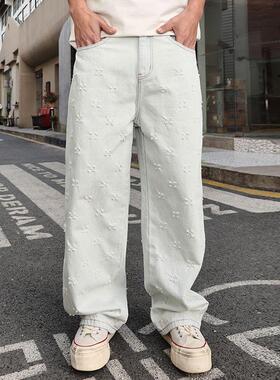 正品白色直筒裤2025春季新款男士轻奢重工字母提花长裤
