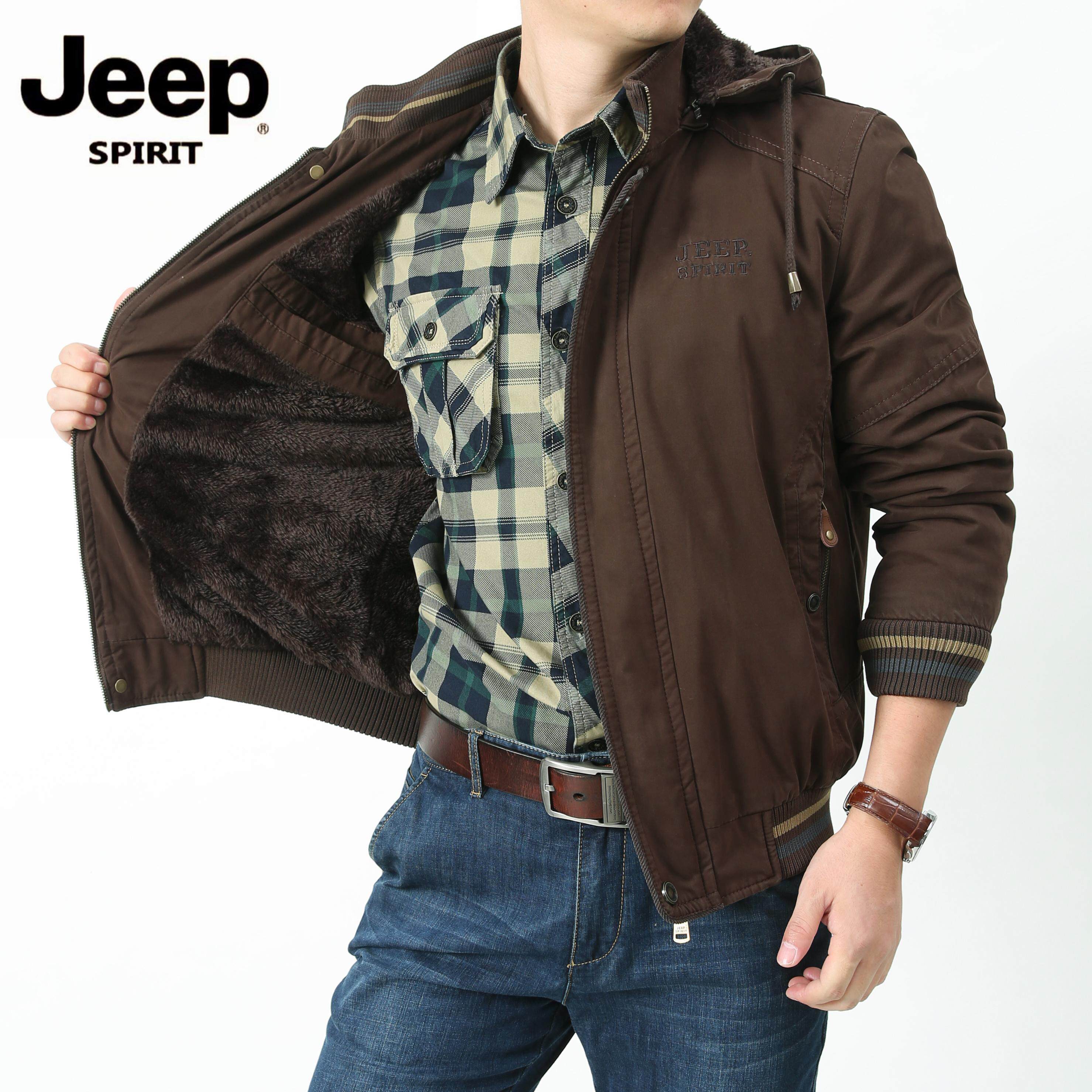 JEEP吉普男装冬季中年男士外套短款加绒加厚夹克爸爸连帽棉衣棉服