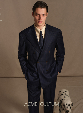 Acme cultum绅士盔甲意大利精纺羊毛双排扣条纹西服套装男士正装