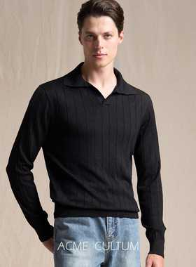 Acme cultum柞蚕丝16针海鸥领修身长袖polo衫男坑条肌理针织毛衣