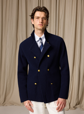 Acme cultum美利奴羊毛坑条肌理BC风格双排扣针织开衫男夹克外套