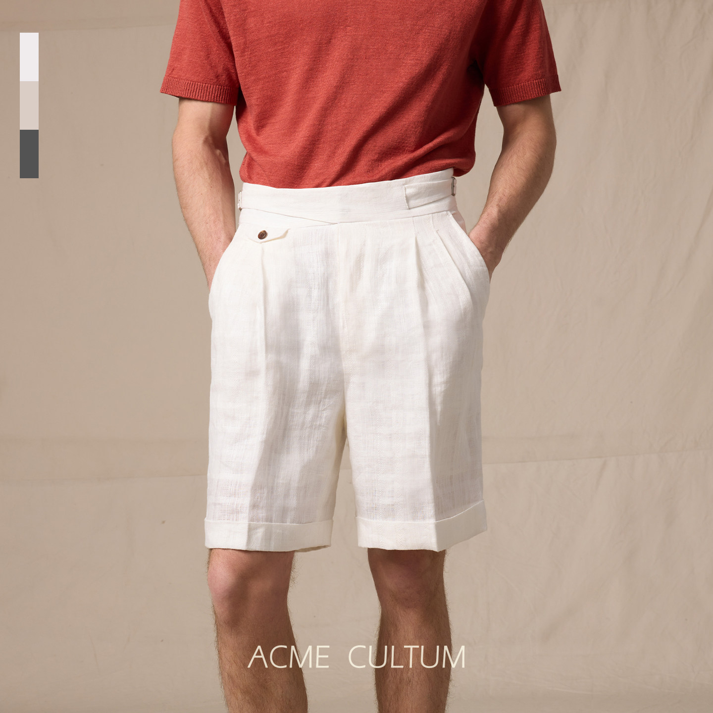 Acme cultum纯亚麻编织肌理条纹双褶廓尔喀短裤男夏季度假休闲裤