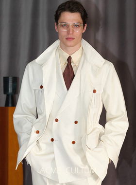 Acme cultum羊毛真皮拼接骑兵呢立领猎装夹克男户外老钱廓形外套