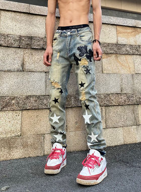 高街复古五角星贴皮补丁牛仔裤男