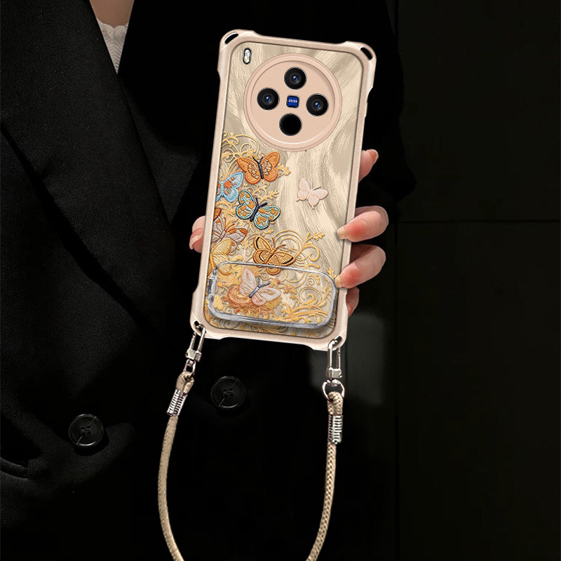 适用于vivox300手机壳vivox200镜子支架vivox100镜头加高vivox90防摔防刮不顶膜羽纱多彩蝴蝶四角挂绳