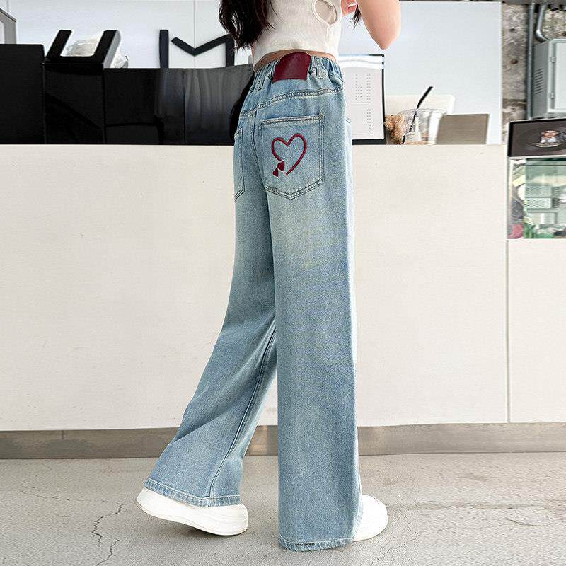 女童牛仔裤2025新款春夏装大童爱心刺绣窄版阔腿裤儿童裤子夏薄款