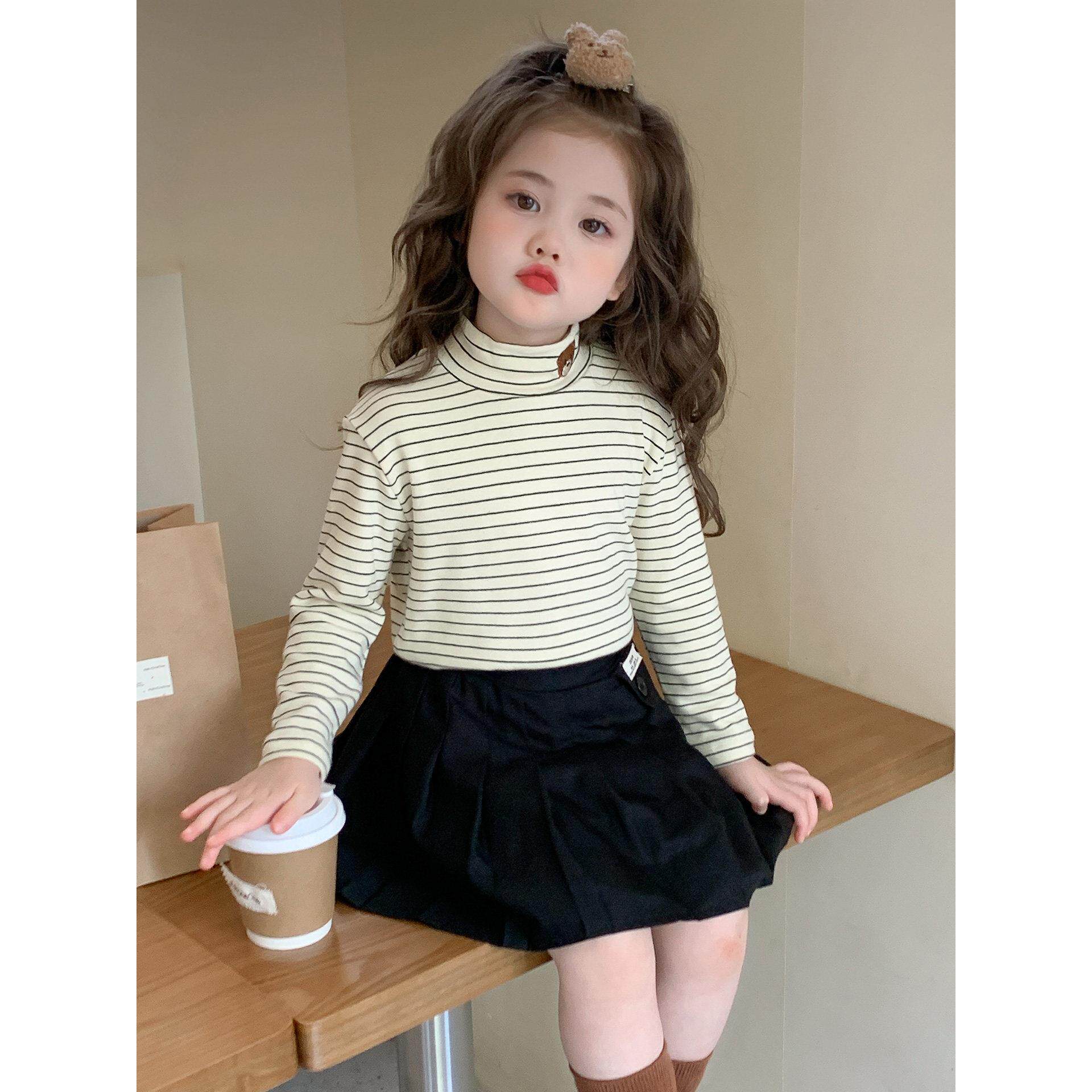 女童半高领打底衫2025新款纯棉女宝秋冬内搭儿童长袖t恤条纹上衣