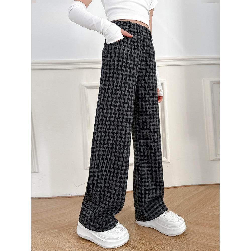 女童裤子秋装2025新款春秋洋气儿童直筒格子裤女孩宽松阔腿裤大童