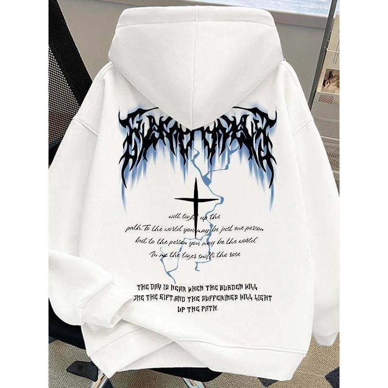 男童秋冬美式高街潮牌闪电字母印花纯棉连帽卫衣中大童加绒外套