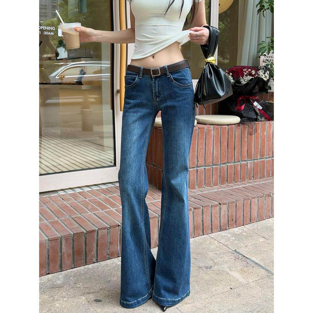 美式深蓝色低腰微喇牛仔裤女新款不贴腿直筒阔腿宽松修身微喇叭