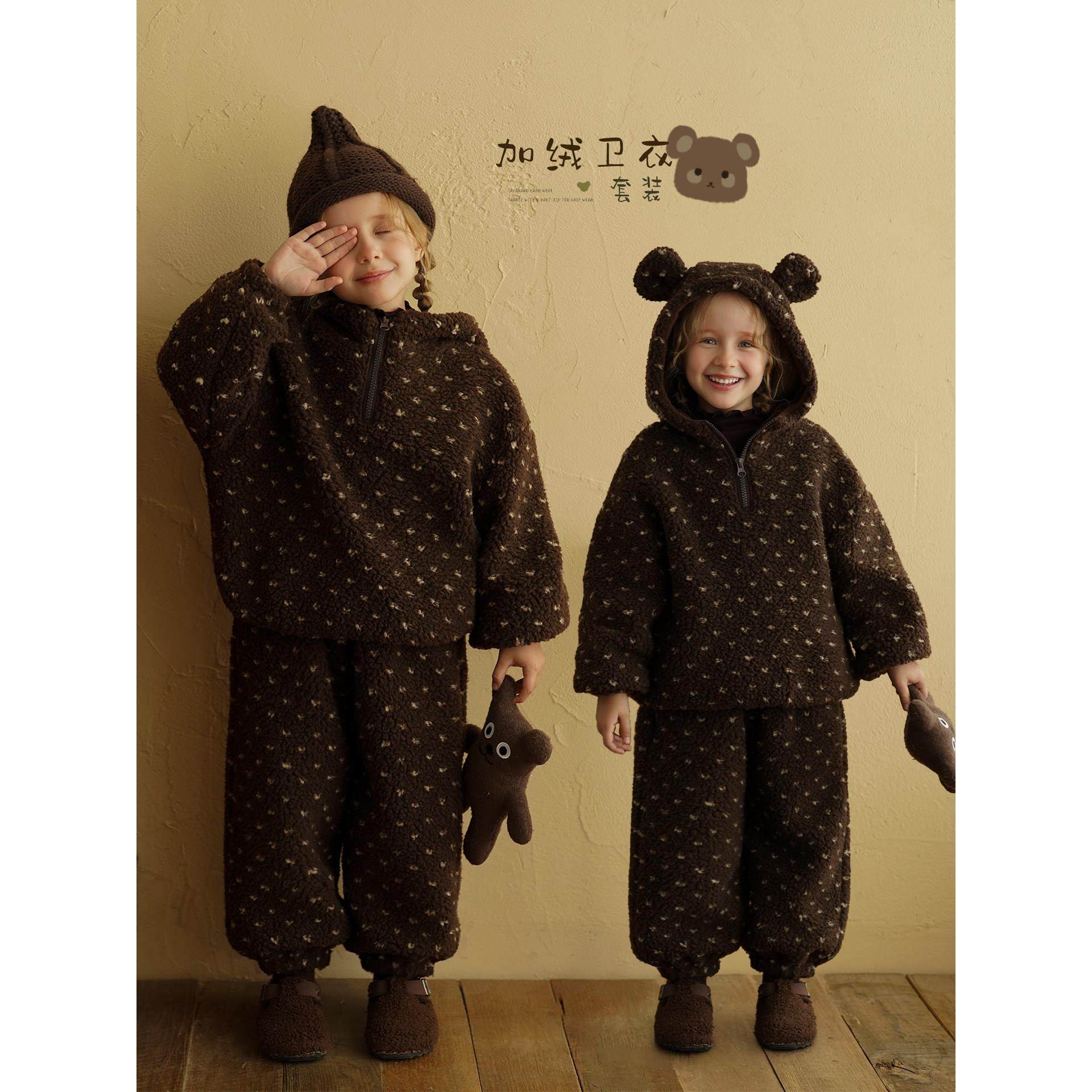 女童加绒连帽卫衣套装2025秋冬新款儿童保暖裤子女宝两件套