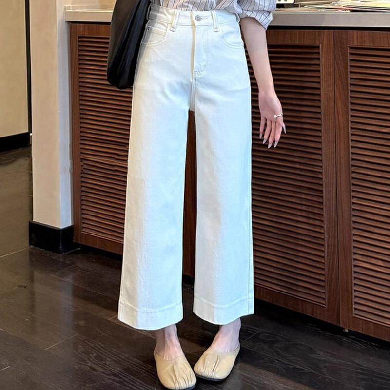 米白色牛仔裤女夏季薄款四面弹小个子宽松显瘦窄版直筒九分阔腿裤