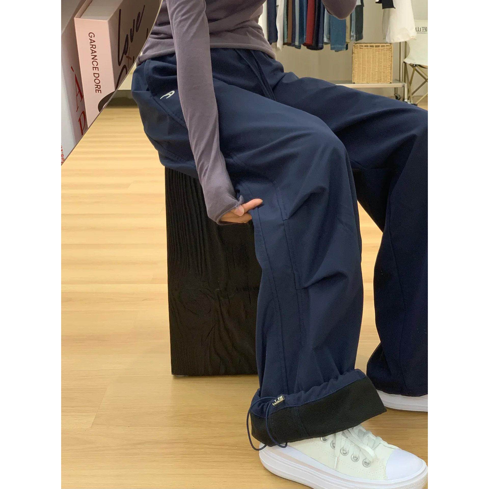 美式束脚阔腿工装裤女冬大码胖mm加绒加厚高腰宽松显瘦休闲运动裤