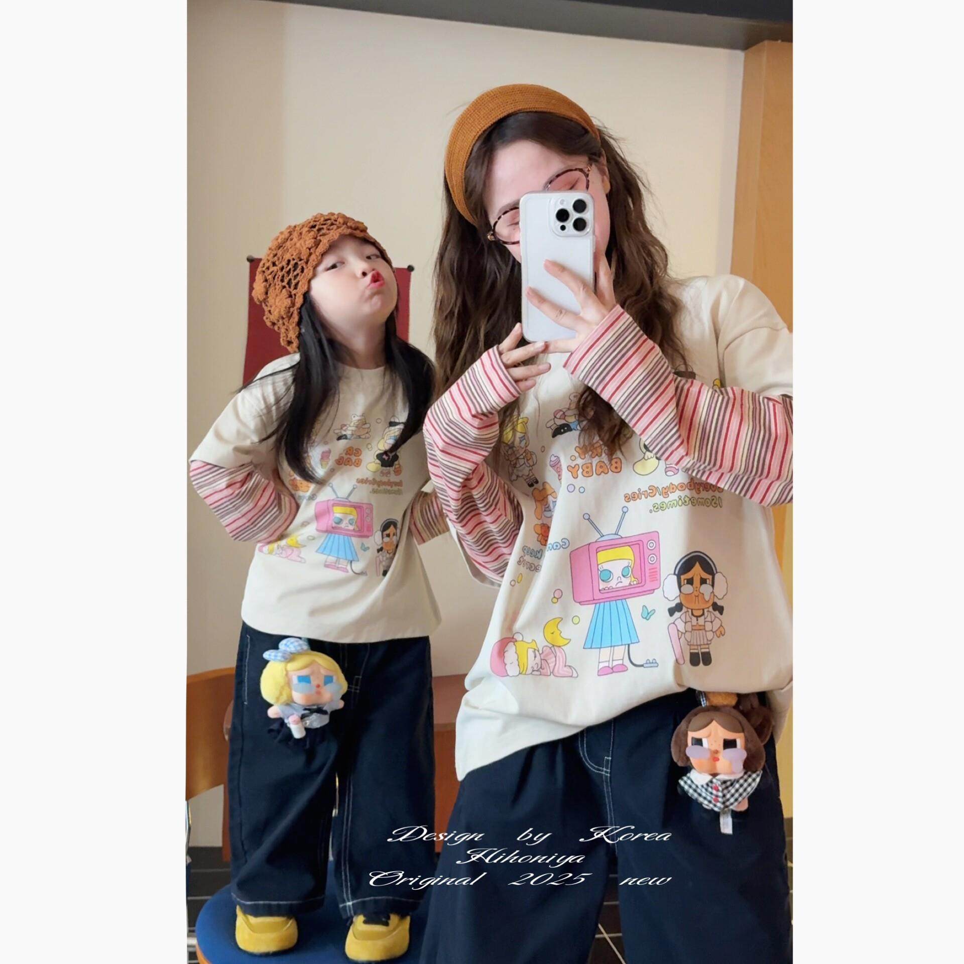 Spring韩国童装2025秋季新款亲子卡通条纹假两件T恤女童圆领卫衣,童装/婴儿装/亲子装,T恤,淘宝优惠券,粉丝福利购,淘宝优惠卷