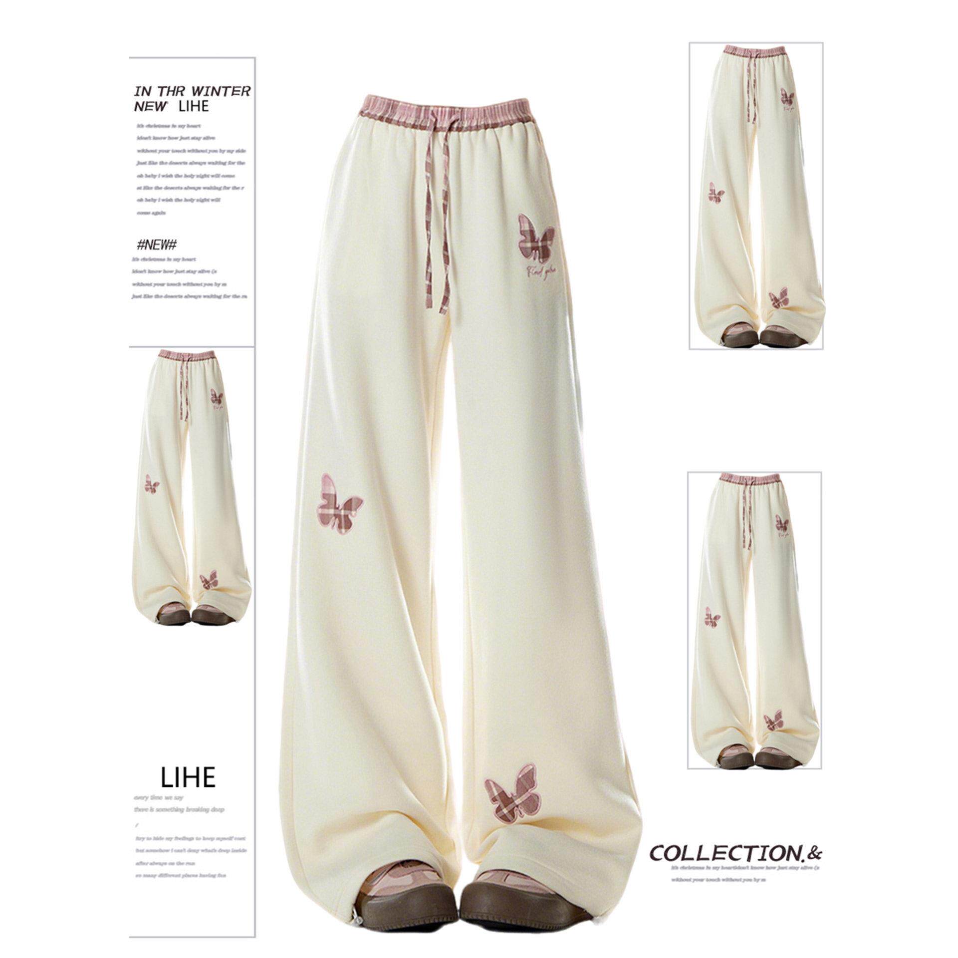 特大码胖mm杏色蝴蝶贴布休闲裤女秋冬加绒裤子松紧腰阔腿运动卫裤