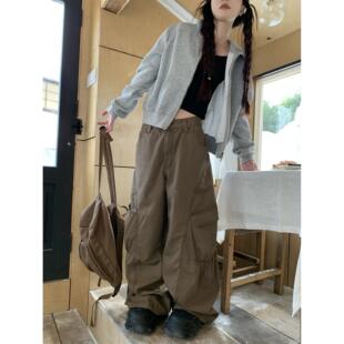 198布丁丁 美式覆古褶皱大口袋阔腿工装裤女设计感宽松显瘦拖地裤