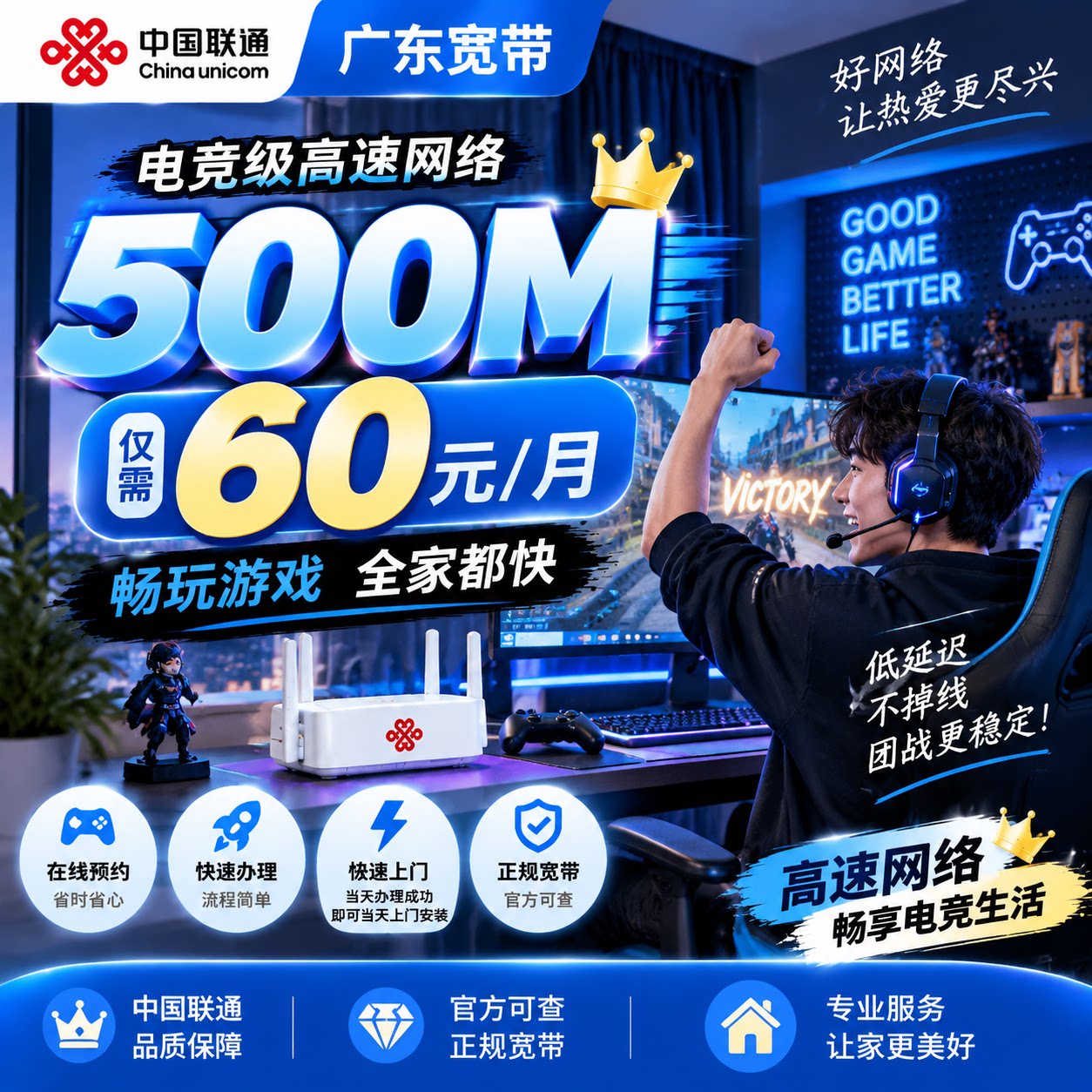 广东联通宽带光纤新装在线办理预约500M套餐60元/月当天上门安装