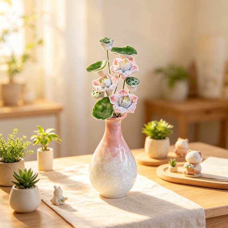 景德镇陶瓷仿真花荷花桌面小摆件手工迷你莲花小饰品教师女生礼物