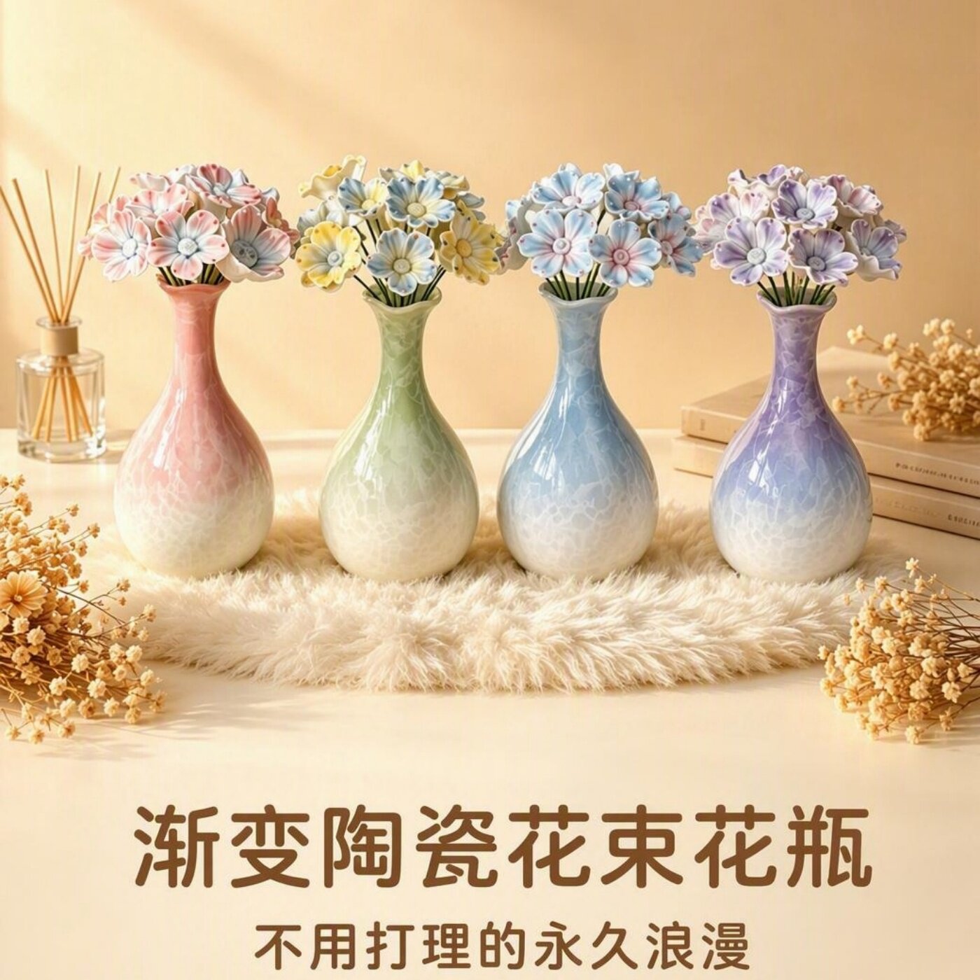 景德镇陶瓷仿真花束桌面摆件图片