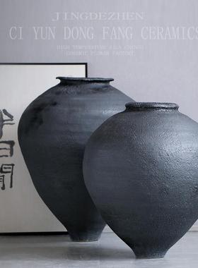 侘寂风陶罐黑色花瓶小众高级摆件陶瓷花盆创意小口径大肚子装饰瓷