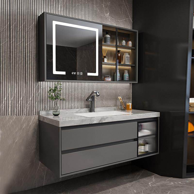 橡木浴室柜组合岩板陶瓷无缝一体盆实木洗手洗脸盆柜卫生间洗漱台