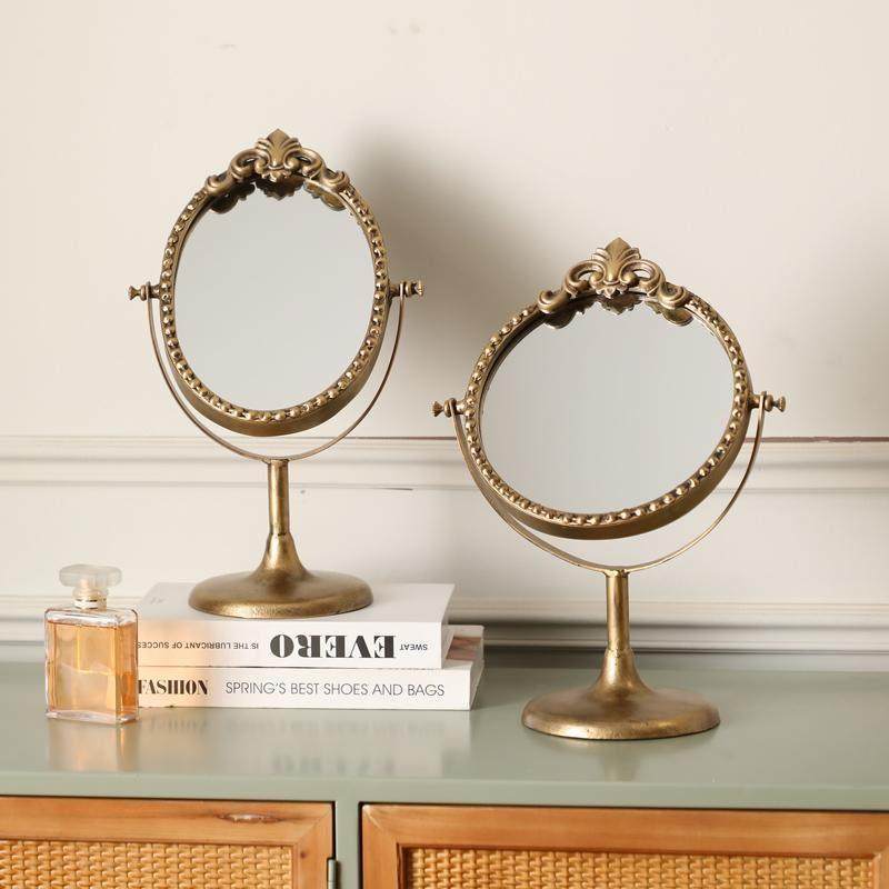 法式复古创意梳妆镜化妆台卧室桌面镜家居立式圆形化妆镜角度可调