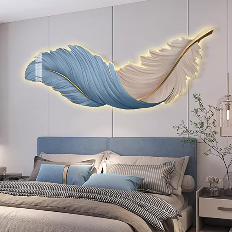 主卧床头装饰画现代简约客厅背景墙led灯壁画羽毛高级感卧室挂画