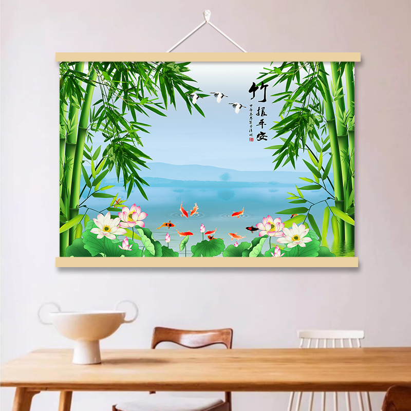 竹报平安挂画客厅装饰画九鱼荷花电表箱遮挡免打孔安装防水油画布图片