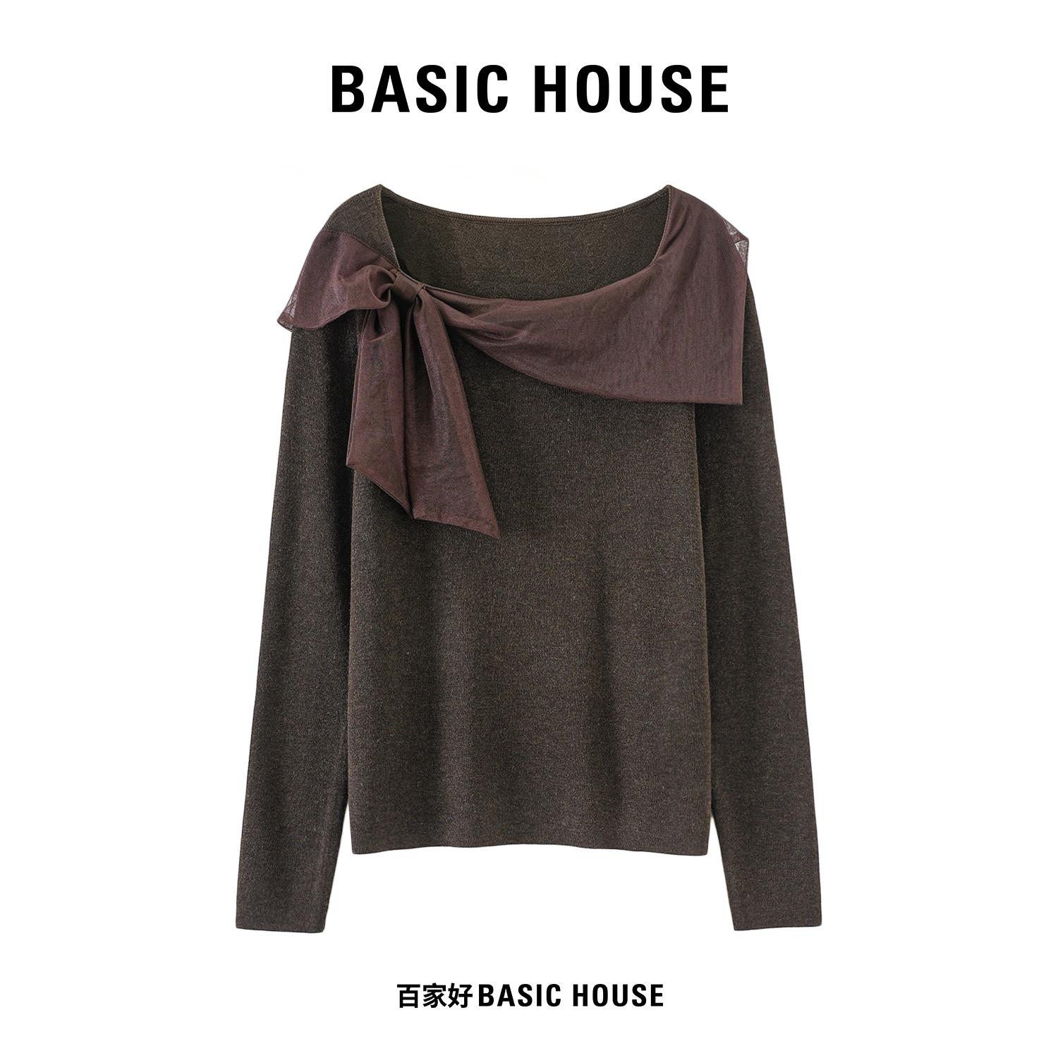 Basic House/百家好轻奢撞色飘带蝴蝶结针织上衣女修身长袖打底衫图片